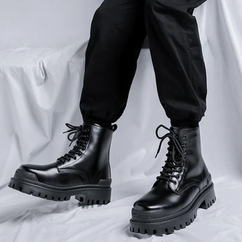 Высококачественная Классическая Черная Обувь С Высоким Берцем В Британском Стиле На Толстой Подошве, Нескользящие Мужские Ботинки Средней длины на шнуровке, Зимние Плюшевые Теплые Ботинки