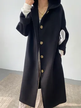 Новое длинное шерстяное пальто ручной работы с капюшоном, однобортное пальто на шнуровке с длинными рукавами, свободная тонкая ночная рубашка из кашемира