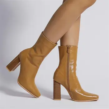 Модные женские ботильоны 2023 года, облегающие лодыжки, высокого качества, элегантные женские туфли на высоком квадратном каблуке с застежкой-молнией