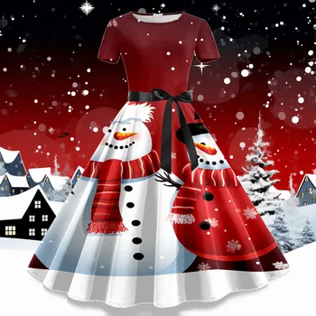 Рождественское платье с принтом Снеговика, женское платье с коротким рукавом, винтажные костюмы для вечеринок 50-60-х годов, элегантные платья-качели для выпускного вечера, Vestidos