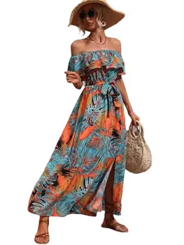 Женское летнее платье с принтом в виде бабочки, шнуровка, разветвляющаяся Длинная длина