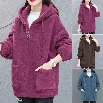 Женское пальто из толстой искусственной шерсти ягненка С карманами, длинные рукава, свободный теплый плюшевый кардиган на молнии, зимняя куртка с капюшоном для улицы