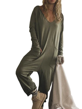Женский комбинезон с брюками, Однотонный Свободный комбинезон с капюшоном с длинным рукавом и карманами для клубной уличной одежды