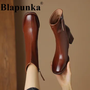 Blapunka/ Женские ботинки из натуральной кожи, дизайнерские мотоциклетные ботинки на высоком каблуке, женская черная обувь ручной работы с застежкой-молнией в стиле ретро, 42 г.