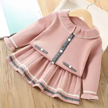 Комплект Детской одежды для малышей 2023 года, Корейский Модный однотонный вязаный кардиган из двух предметов, Свитер для девочек, Комплект с короткой юбкой