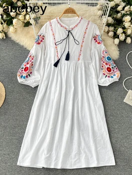 Летняя Белая туника ручной вышивки в винтажном стиле бохо, Мексиканское платье в стиле хиппи Пуэбла, свободные платья в стиле ретро хиппи