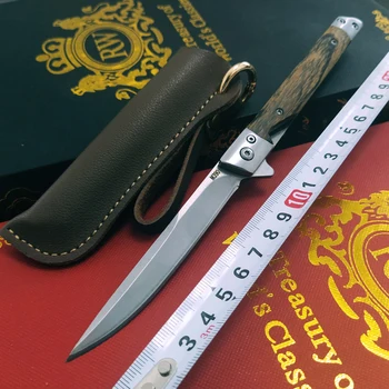 Складной Нож из Стали M390 с Кобурой Деревянная Ручка Дамасский Узор Высокой Твердости Открытый Охотничий Нож Инструменты Для Выживания в Кемпинге