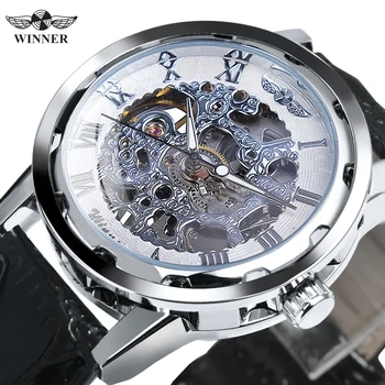 Механические часы WINNER Classic с прозрачным скелетом, Светящиеся стрелки, Серебристо-белые Роскошные мужские часы в стиле ретро, черный кожаный ремень