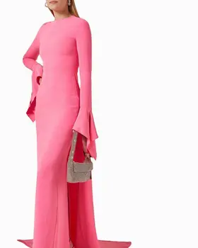 Ярко-розовое вечернее платье с длинными рукавами длиной до пола с круглым вырезом, сшитое на заказ в Дубае, вечерние женские платья для выпускного вечера, вечернее платье 2024 года, Новинка