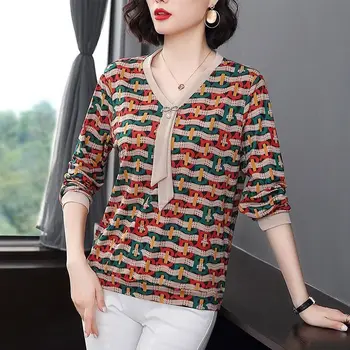 Женская блузка-рубашка в стиле весна-осень, женские элегантные повседневные топы в полоску с V-образным вырезом и длинными рукавами в стиле пэчворк SP1089