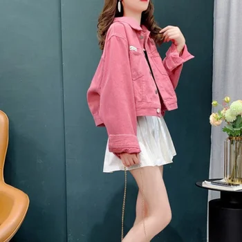 Розовое укороченное женское джинсовое пальто Весна Осень Женские джинсовые куртки Маленькая короткая верхняя одежда Y2k Мода Корея Молодежная женская одежда