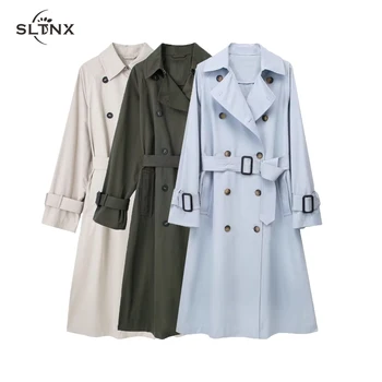 SLTNX 2023 Модный длинный женский тренч для женщин с отложным воротником и поясами, пальто-ветровки, женский свободный тренч-пальто