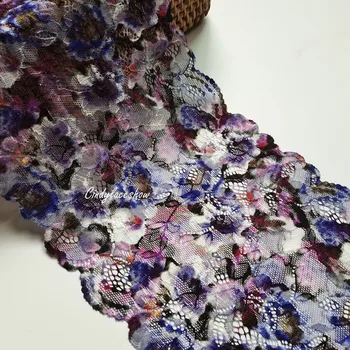 Ширина 2 ярда 17 см, Фиолетовая кружевная отделка с цветочным принтом и вышивкой, Эластичная Кружевная отделка для пошива бюстгальтера, нижнего белья, украшения для платья, сделай САМ