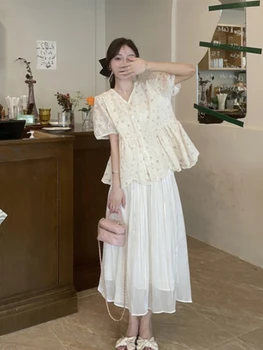 Летний комплект одежды для беременных в корейском стиле, рубашки с коротким рукавом и V-образным вырезом в цветочек + юбки для живота, комплект одежды для беременных, милые костюмы