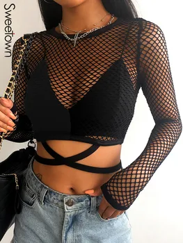Sweetown, черные сексуальные летние топы в прозрачную сеточку, женские укороченные футболки с круглым вырезом и длинным рукавом, готические