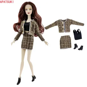 Модная одежда в коричневую клетку для куклы Барби, набор из 1/6 кукол, аксессуары для леди Барби, Верхнее пальто, Юбка, Обувь