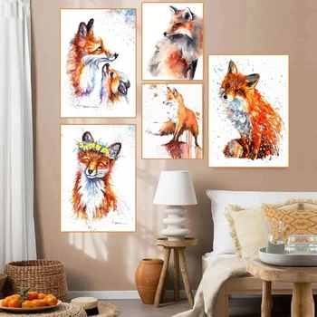 Абстрактная акварельная картина с изображением Лисы на холсте, современные принты животных и плакат, настенное искусство для домашнего декора гостиной