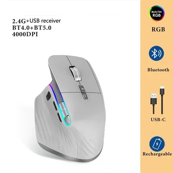 Беспроводная мышь Bluetooth + Игровая мышь 2.4 G без звука Mause Эргономичные USB-C RGB Перезаряжаемые мыши с разрешением 5 точек на дюйм для портативных ПК, планшетов Macbook