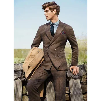 Элегантный мужской костюм, пиджак, брюки, тонкий повседневный модный дизайн, двубортные брюки из шерстяного твида, мужской полный комплект