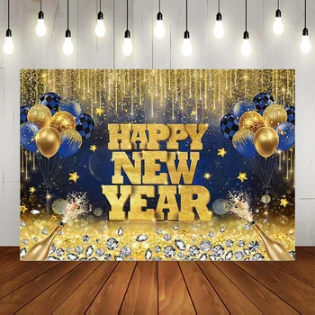 Синий Золотой Фон с наступающим Новым годом, обратный отсчет, Фейерверк, воздушный шар, полночная фотография, Поздравляем с новогодним оформлением