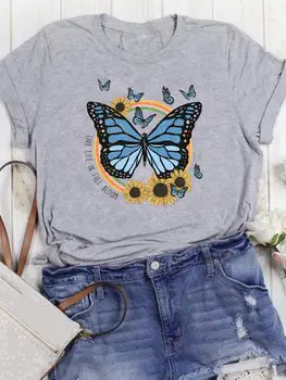 Милая женская футболка с бабочкой и цветком 90-х, женская летняя футболка с графическим рисунком, модная футболка, одежда с принтом, Повседневные футболки с коротким рукавом