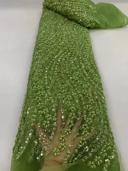 5 Ярдов роскошной кружевной ткани жениха с африканскими блестками 2024 зеленого цвета, высококачественная Французская кружевная ткань из бисера в Нигерийском стиле для свадебного платья