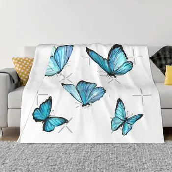 Одеяло с синими акварельными бабочками, покрывало на кровать, диван-кровать в стиле аниме