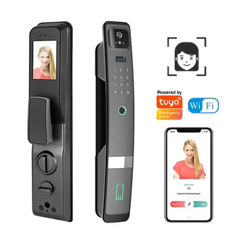 Новейший хит продаж, деревянная дверь, распознавание лица, отпечаток пальца, умный цифровой дверной замок Tuya WiFi с камерой