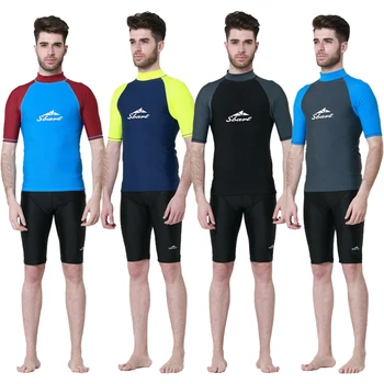 Новые мужские раздельные купальники с коротким рукавом, топ для дайвинга, футболка, Защита от солнца, быстросохнущие купальники, водные виды спорта, Пляжный серфинг, топ
