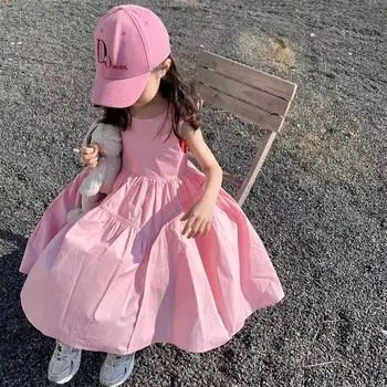 Детская одежда, новое летнее розовое платье без рукавов для девочек, модная корейская версия, свободное и милое платье принцессы