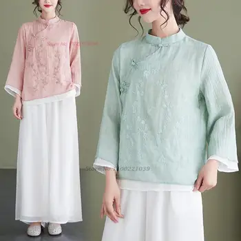 2024 китайская традиционная улучшенная блузка ципао национальная цветочная вышивка хлопчатобумажная льняная двухслойная блузка ципао дзен рубашка