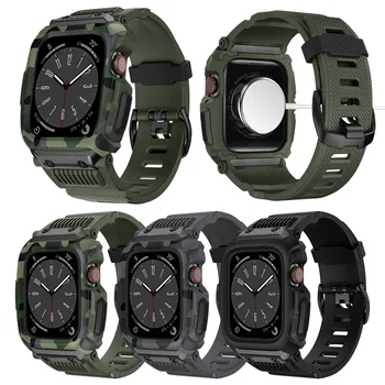 Армейский камуфляжный спортивный + прочный чехол для Apple Watch 8 7 5 4 6 SE, 45 мм, 44 мм, встроенный армейский ремешок с защитой от коррозии