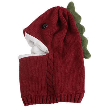Детская зимняя вязаная балаклава Шапочка-бини с милым мультяшным динозавром на толстой подкладке, теплая ушанка, капюшон, шарф, шапочка с черепом