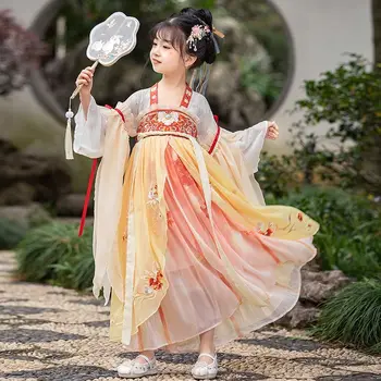 Новогодняя одежда для девочек из китайского Ханфу, детская одежда из древнего Ханфу, сказочная одежда для ролевых игр, Оранжевая одежда для девочек