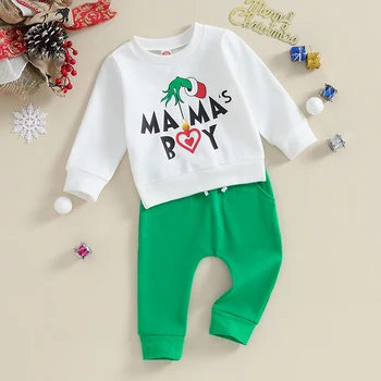 Рождественский наряд для новорожденного мальчика, толстовка Mamas Love Boy, топ, повседневные брюки с эластичной резинкой на талии, Забавная рождественская одежда