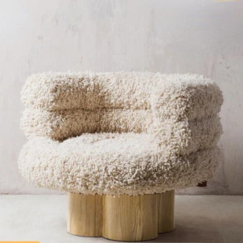Кресло-диван для одного человека в гостиной из массива дерева, овечьей шерсти, кресло для отдыха с кремом и зефиром.