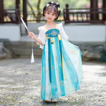 Зеленое платье с коротким рукавом в китайском стиле, костюм Танг для девочек, детский костюм Феи Древнего Ханфу для косплея
