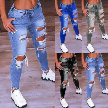 Светло-голубые рваные джинсы для женщин 2023, уличный стиль, сексуальные потертые брюки с низкой посадкой, стрейчевые узкие джинсовые брюки-карандаш с дырками