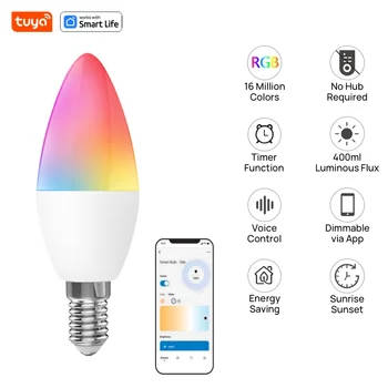 Tuya Smart E14 C37, лампочка-свеча Wi-Fi мощностью 5 Вт, 100-240 В, управление приложением, работа с Alexa и Google Assistant