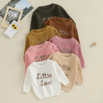 Осенние теплые свитера для новорожденных девочек с круглым вырезом и длинными рукавами и буквами, зимний теплый вязаный пуловер, свитер, одежда для младенцев