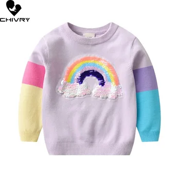 Осенне-зимний пуловер для маленьких девочек, свитер, новинка 2023 года, детский вязаный джемпер с радужными блестками и круглым вырезом, свитера, одежда