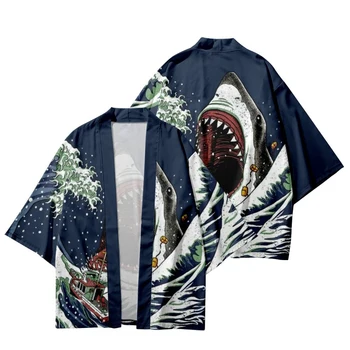 Японское Кимоно Кардиган Хаори Юката Косплей Мужская Женская Рубашка Кимоно Пальто С Принтом Акулы Традиционная Японская Одежда