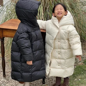 Детская одежда, Белое пуховое пальто для девочек, Корейский стиль, Новинка Зимы 2023 года, Модный Длинный, выше колена, утолщенный теплый пух