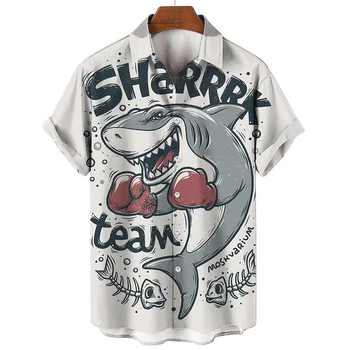 Новая летняя мужская рубашка с пляжным принтом 3D Shark 2023, праздничная одежда, короткая куртка, праздничная одежда