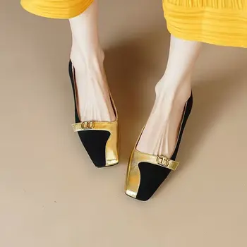 Дизайнерская Модная женская обувь на низком каблуке в стиле пэчворк, Элегантные Лоферы 2023, Офисная Повседневная обувь с Квадратным носком, Простая и удобная