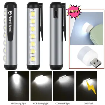 USB Перезаряжаемый Мини светодиодный фонарик с зажимом-магнитом, Рабочий фонарь, Портативный Аварийный фонарь Type-C, Водонепроницаемый фонарик