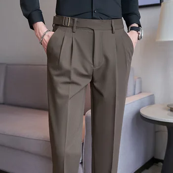 Осенне-зимние Деловые брюки с украшением в виде ремня, мужские облегающие офисные повседневные брюки для костюма, свадебные брюки для жениха 2023 г.