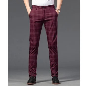 2023 Новые мужские брюки в британскую клетку, Модные Деловые хлопчатобумажные брюки, повседневные облегающие прямые брюки, Черные, синие, Красные Брюки для костюма