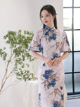 Летнее китайское традиционное тонкое Ципао с короткими рукавами, женское Винтажное синее Ципао с цветочным принтом.