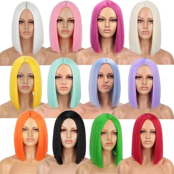 Similler Короткие прямые термостойкие синтетические парики для женщин, парик Боб, парики для косплея, вечеринки, парики для девочек, повседневное использование, зеленый, красный, желтый